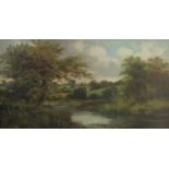 Late 19th century country landscape with river, oil on board, signed with monogram EH? 23 x 44cm