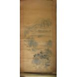 An oriental scroll painting of a mountainous landscape with seal mark and signature, 52 cm approx
