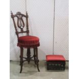 Good Victorian mahogany revolving music stool, with raised spindle back, with a further footstool,