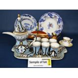 A collection of 19th century and later ceramics including a 19th century tin glazed earthenware