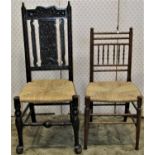 A single Victorian carved oak side chair with rush seat on pad forelegs together with a small 19th