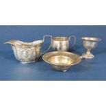 Mixed collection of silver to include an embossed lobed silver cream jug, a baluster christening cup