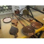 One lot of miscellaneous copper and brassware to include two 19th century copper bed warming pans,