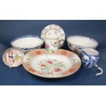 A collection of late 18th and early 19th century oriental ceramics including a Famille Rose barber's