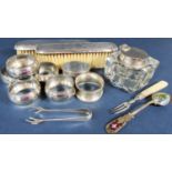 Mixed collection of silver and plate to include two silver dressing brushes with geometric fleur