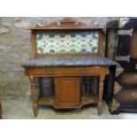 Edwardian satin walnut marble top wash stand with raised floral tiled splash back over a shallow
