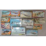 13 model aircraft kits of assorted jet planes, some in original sealed cellophane, all unchecked and
