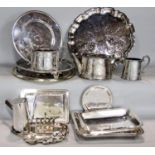A large collection of various silver plated wares comprising various salvers, tea wares, entrée