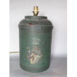Unusual lacquered tea canister type lamp, with painted decoration of a knight with shield, inscribed