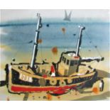 20th century school - Study of a beached fishing boat - E238 with figures, mixed media and