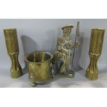 Regency cast brass jardinere with pair of trench art vases and a further cast brass door porter (4)