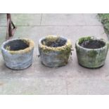 Three reclaimed garden planters of circular form in the form of coopered tubs, 30 cm in diameter x