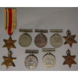 Three WWII Defence Medals, 2 39-45 War Medals, 2 x 39-45 Africa and Italy Star (9)