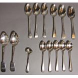 Harlequin set of six Georgian silver old English dessert spoons together with two further fiddle
