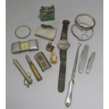 A Douglass lighter c.1930 with shagreen finish, and a Movado travel watch, 19th century fob, etc