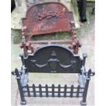 An old English style cast iron fire basket with raised back with rampant lion and dated 1660 (af)