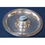 Unusual vintage silver circular pen dish centrally fitted with an enamel plaque of a fighter jet