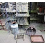 One lot of various vintage and later iron work to include a pair of simple strapwork bench ends,