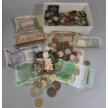 Box of miscellaneous unsorted coinage mainly 20th century farthings, foreign banknotes, other
