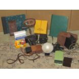 Box of vintage cameras and equipment, leather cased Six-20 folding Brownie with Dakon shutter, a