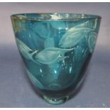 Art glass vase by Julia Linstead etched with trails of fish, 20 cm high