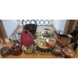 A large collection of metal ware, to include a brass and copper helmet coal scuttle, twin
