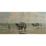 J Pieters (Early 20th century school) - Coastal scene with seaweed gathering, horses and carts, etc,