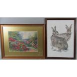 A collection of pictures and prints including early 20th century school watercolour of a garden