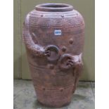 Chinese oviform pot with terracotta painted finish showing carp, 55cm high