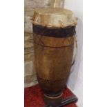 Tribal interest - carved hardwood and hide drum 81cm high