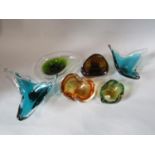 Six Murano glass dishes of varying shape form and colourway