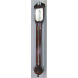 Good quality antique mahogany and king wood stick barometer, the silvered black back plate inscribed