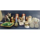 A collection of 19th century and later ceramics including three Staffordshire spaniels with red