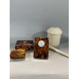 Tortoiseshell easel cabinet clock with two tortoiseshell boxes (af) ivory scent jar and glove
