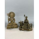 Chinese cast bronze figure of a sage seated on a dog of Fo, 10cm high, with a further Chinese