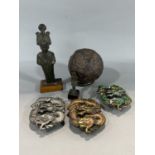 Collection of metal ware to include two archaic looking patinated metal figures, an old cannon