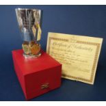 Cased 'The Bristol 600' sterling silver goblet, with gilt interior and fitted with five gilt Bristol