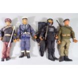 4 vintage Action Man figures in military uniforms including SAS soldier with Parachute, Royal Hussar