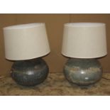 Two Indian Rajastan vintage hammered and riveted tin water vessel spheres adapted to table lamps