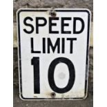 A reclaimed enamel sign with raised black lettering on a white background speed limit ten, 46 cm