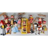 Collection of vintage puppets including boxed Pelham Pinocchio, unboxed cat, mule, clowns, Minnie
