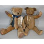 2 large vintage teddy bears, both with a humped back, long snout, long limbs, stitched nose, mouth