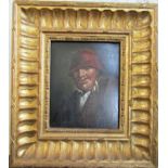 19th century school - Bust length portrait of a man in a red cap, oil on board, no visible