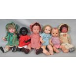 6 small vintage dolls including a composition doll height 33cm with closing blue eyes, neck