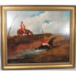 19th century British School circa 1830, dramatic hunting scene with horse and rider struggling to