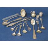 A mixed collection of silver and white metal comprising various spoons, cruets, etc