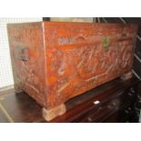 A Chinese camphor wood blanket chest, fully carved with characters, landscapes, etc, 95cm wide