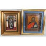 Eastern European icon, probably 19th century, with painted half length study of Christ in oil on a