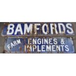 A vintage two sectional enamel sign, with white lettering on a navy blue ground advertising Bamfords