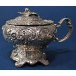 Good quality white metal (untested) baluster mustard, the stepped lid over a bowl embossed with